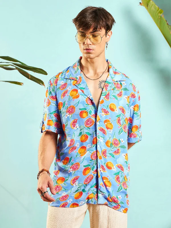 Men's Thermal - Lined Casual Shirts in Black for Added Warmth in Cold WeatherMen Blue Fruit Print Relax Fit Shirt