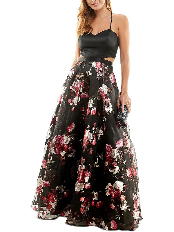 Juniors Womens Floral Open Back Evening Dress