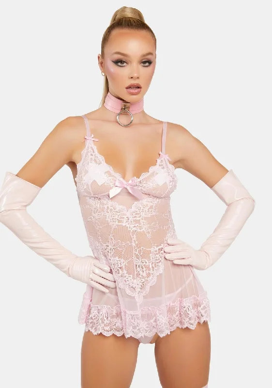 Pink Tulle Valentine Lace And Bow Babydoll