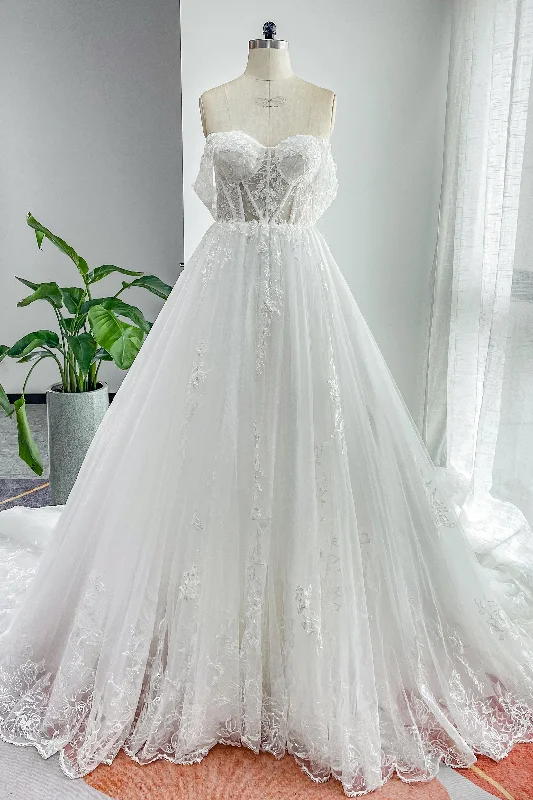 A-Line Cathedral Train Lace Tulle Wedding Dress CW3150