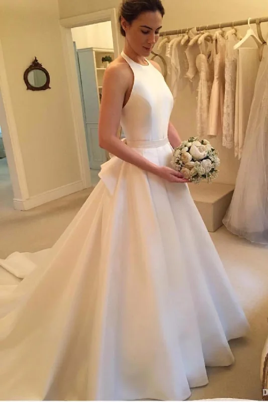 A Line Halter Satin Wedding Dresses  Backless Sleeveless Bridal Dresses with Bow N1570