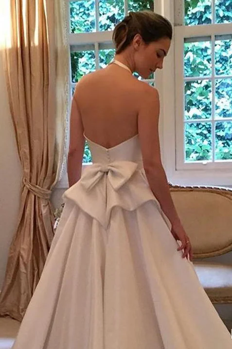 A Line Halter Satin Wedding Dresses  Backless Sleeveless Bridal Dresses with Bow N1570