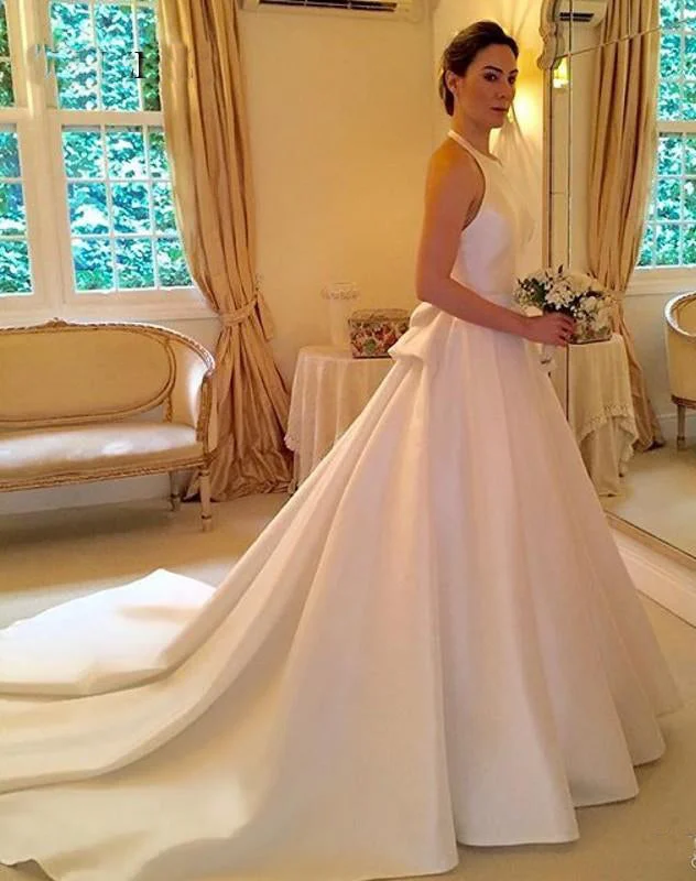 A Line Halter Satin Wedding Dresses  Backless Sleeveless Bridal Dresses with Bow N1570