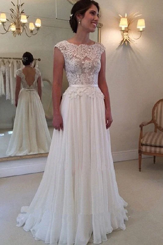 A Line Lace Appliqued Cap Sleeves Ivory Chiffon Bridal Dresses