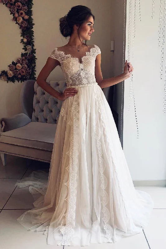 A Line Scalloped-Edge Lace Wedding Dresses with Sheer Back