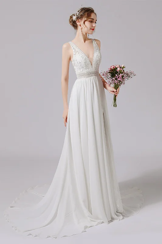 A-Line Sweep-Brush Train Lace Tulle Wedding Dress CW2705