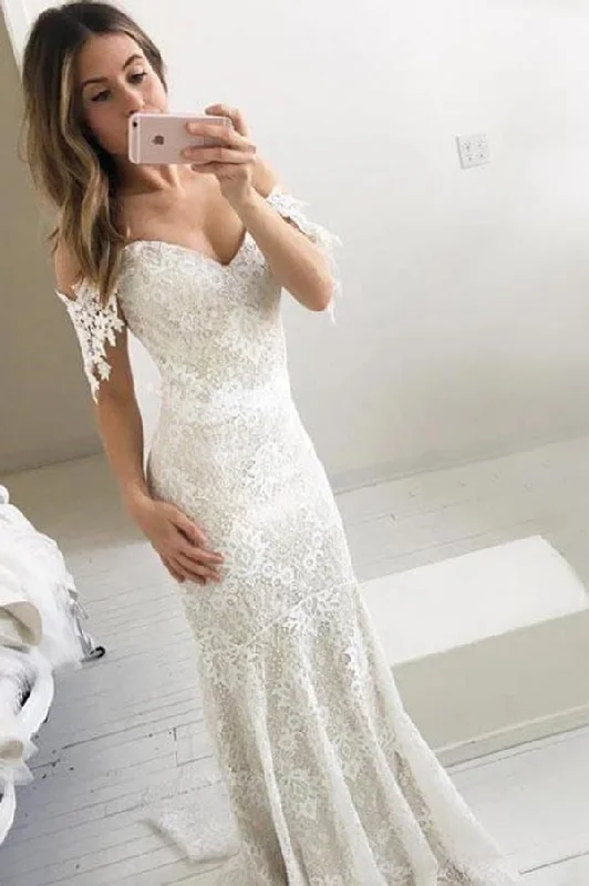 Affordable Off the Shoulder Mermaid Lace Long Wedding Dresses N1124