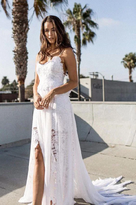 Bohemian Wedding Dresses Spaghetti Straps Long Beach Wedding Gown N959