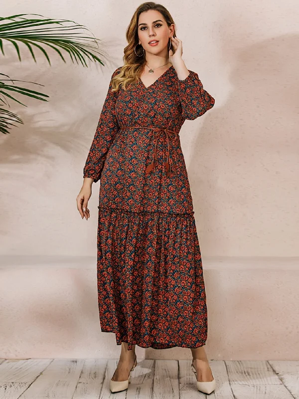 MegaBetty - French Elegant Large Size Oversize Red Printed Long Sleeve V-Neck Dress