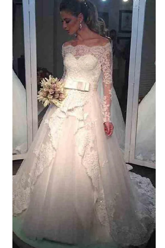 Elegant Tulle Lace Off-the-shoulder Bridal Dresses Long Sleeve Wedding Dresses N935