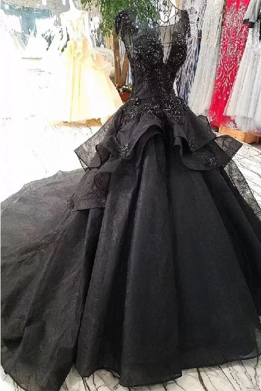 Gorgeous Cap Sleeves Beaded Black Ball Gown Wedding Dresses