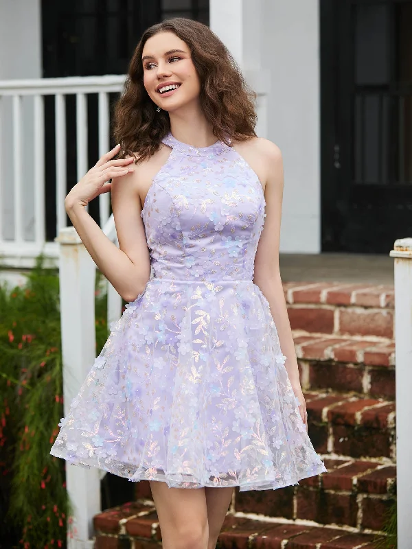 Halter Flowers Appliqued Short Dress with Beaded Lilac