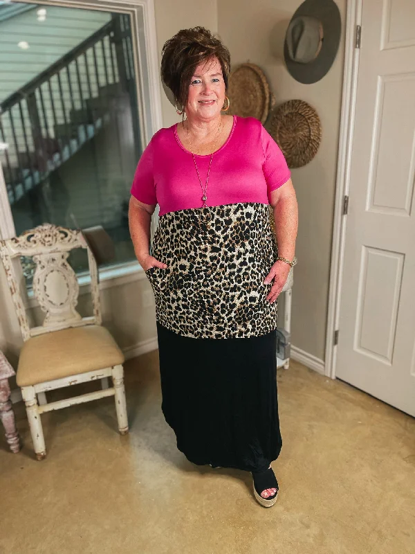 Last Chance Size Small | Change of Plans Leopard Print Color Block Maxi Dress in Hot Pink