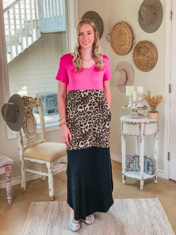 Last Chance Size Small | Change of Plans Leopard Print Color Block Maxi Dress in Hot Pink