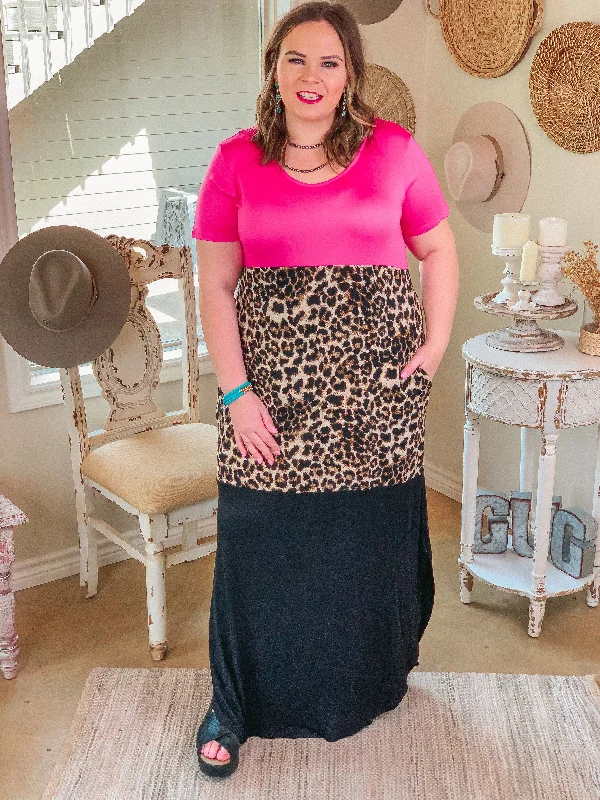 Last Chance Size Small | Change of Plans Leopard Print Color Block Maxi Dress in Hot Pink