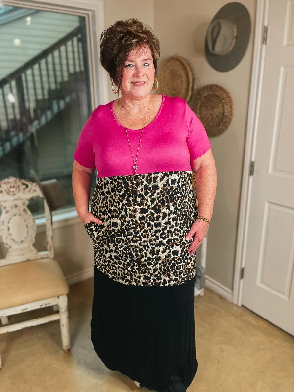 Last Chance Size Small | Change of Plans Leopard Print Color Block Maxi Dress in Hot Pink