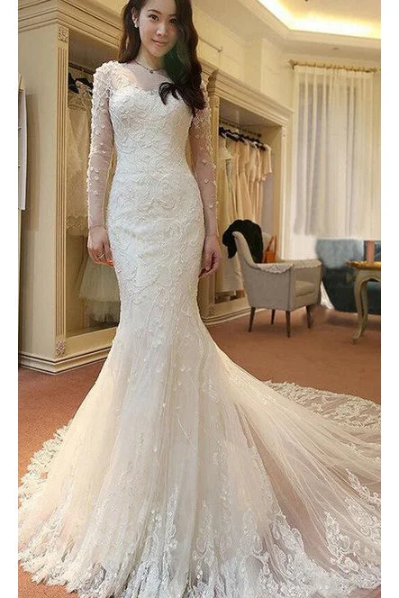 Ivory Long Sleeves Mermaid Lace Appliques Tulle Wedding Dresses with Train N390