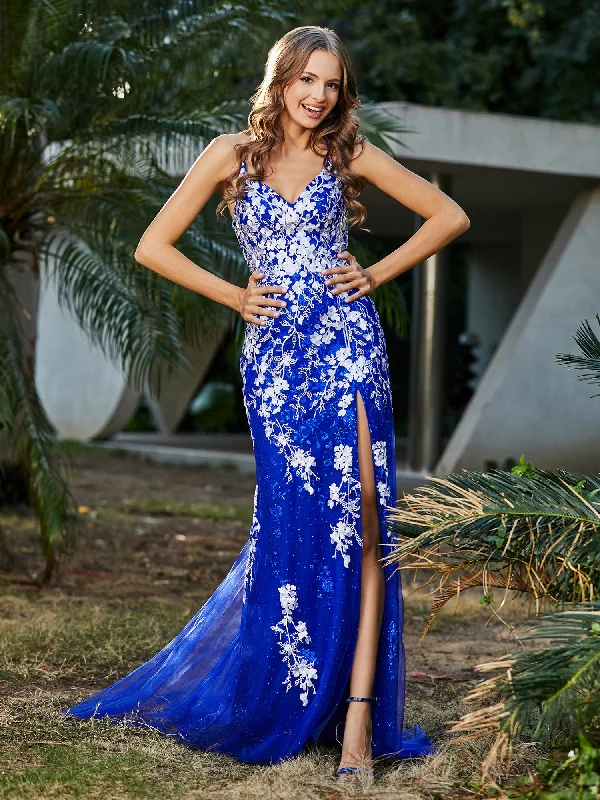 Lace Applique High Slit Fitted Tulle Dress Royal Blue