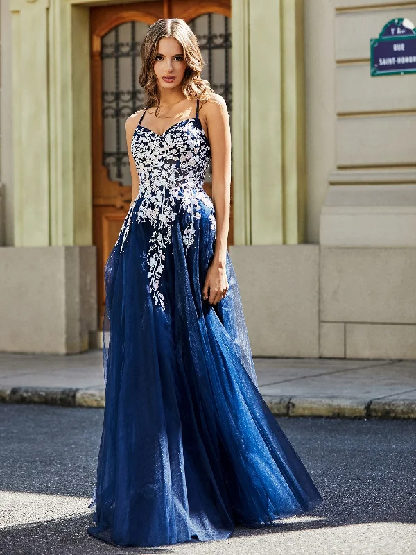 Lace Applique Open Back Long Tulle Gown Dark Navy