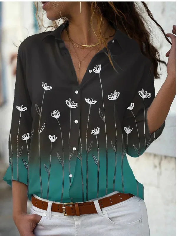 Long Sleeve Floral Collar Loose Casual Shirt