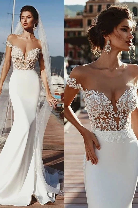 Mermaid Short Sleeves Sheer Neck Long Wedding Dresses Long Lace Appliques Bridal Dresses N2241