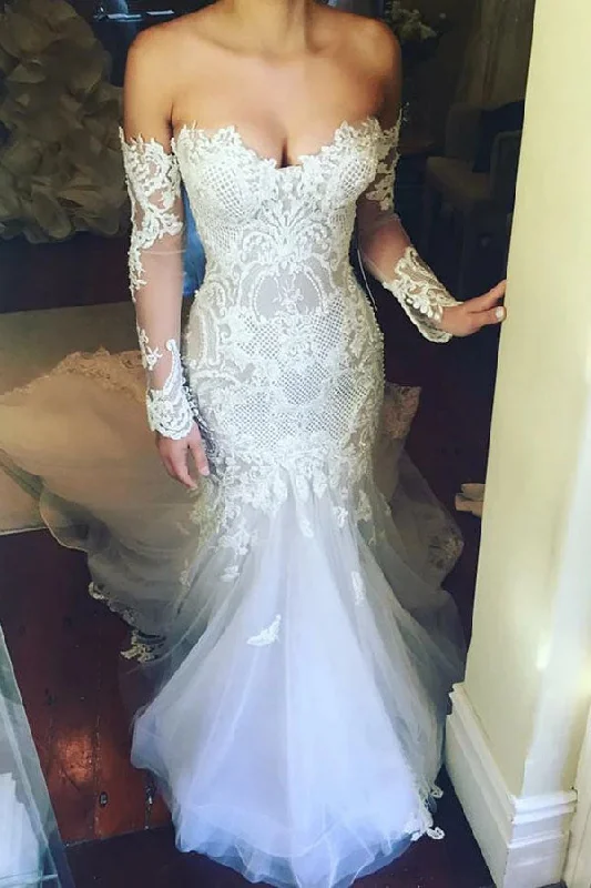 Mermaid Sweetheart Long Sleeves Court Train Tulle Wedding Dresses with Appliques N2502