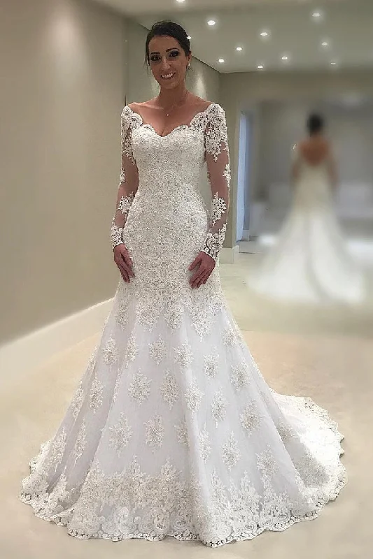 Mermaid V-Neck Long Sleeve Appliqued and Beaded Wedding Dresses