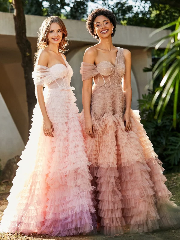 One Shoulder Flowy Ruffle Skirt Tulle Ball Gown Dusty Rose