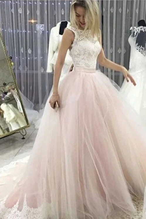 Pale Pink Court Train Wedding Dresses with Lace Appliques Sleeveless Bridal Dresses N1129