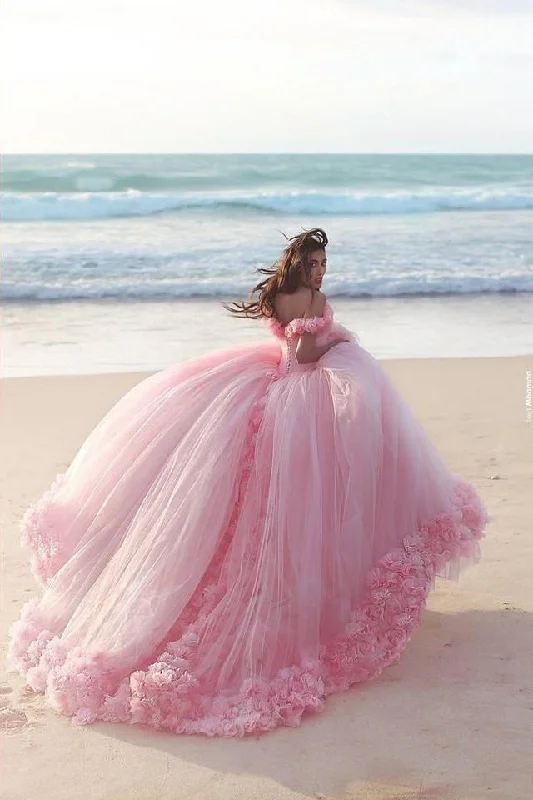 Pink Off the Shoulder Tulle Flower Wedding Dresses Ball Gowns Quinceanera Dresses N1261