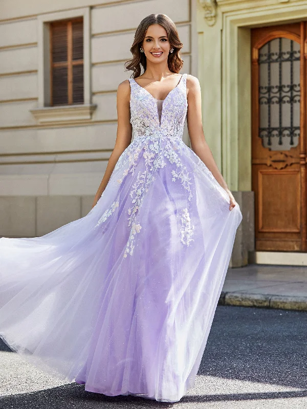 Plunging V-Neck Open Back Tulle Gown Lilac