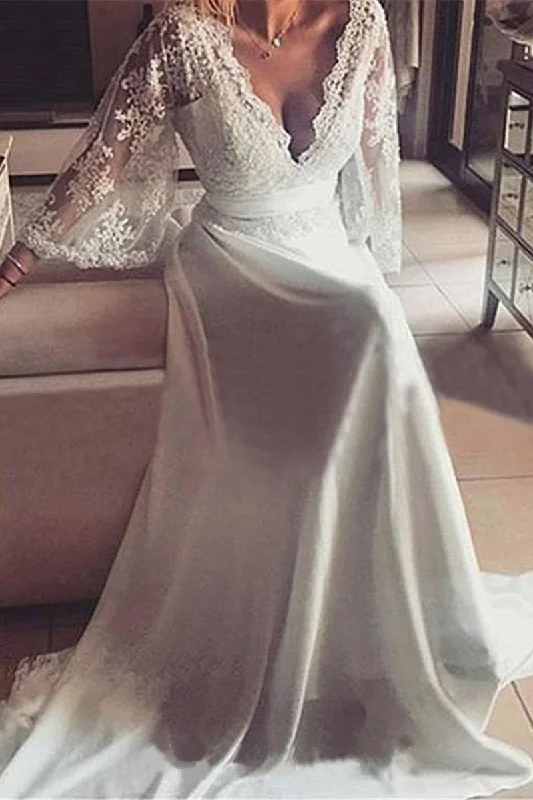 Romantic Boho V Neck Lace Appliques Chiffon Long Beach Wedding Dresses with Sash N629