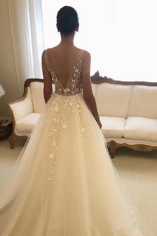 Romantic V-Neck Beach Wedding Dresses with Lace Appliques A Line Bridal Dresses N1722