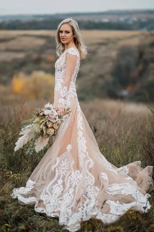 Elegant Long Sleeves Boho Wedding Dresses with Lace Appliques N2527