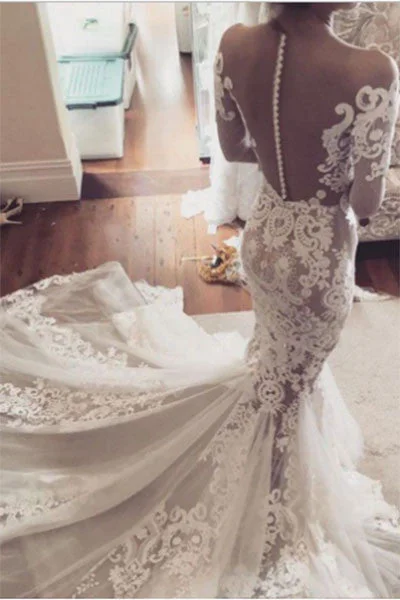 Mermaid Lace Appliques Long Sleeves Sheer Tulle Wedding Dresses