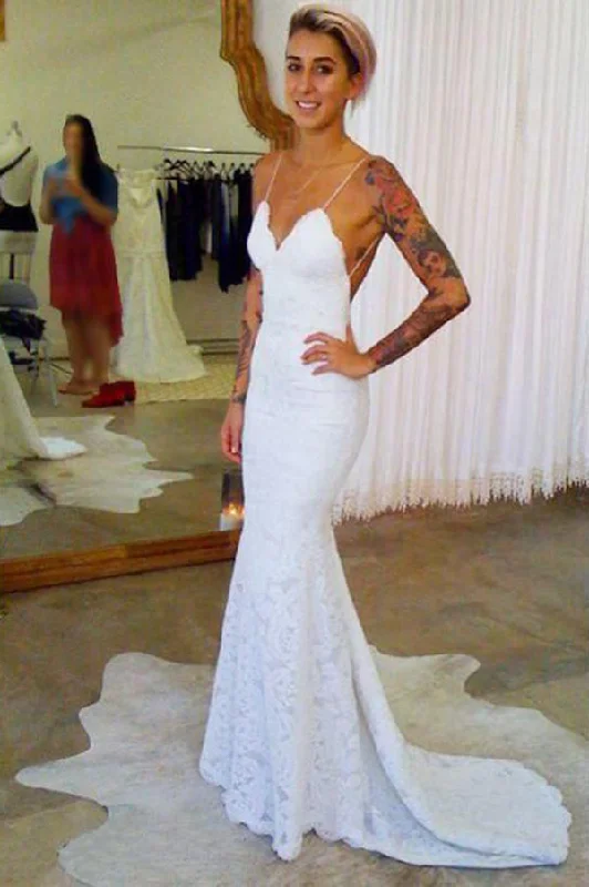 Spaghetti Strap Lace Mermaid  Long Wedding Dresses Lace Bridal Dresses N1087