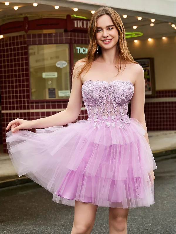 Strapless Corset Top Tiered Tulle Short Dress Lilac