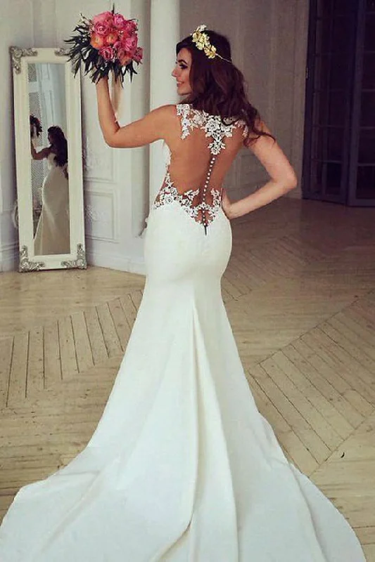 Stunning See-through Mermaid Sleeveless Lace Appliques Court Train Wedding Dresses N465