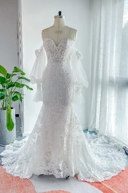 Trumpet-Mermaid Court Train Lace Tulle Wedding Dress CW3148