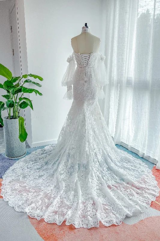 Trumpet-Mermaid Court Train Lace Tulle Wedding Dress CW3148