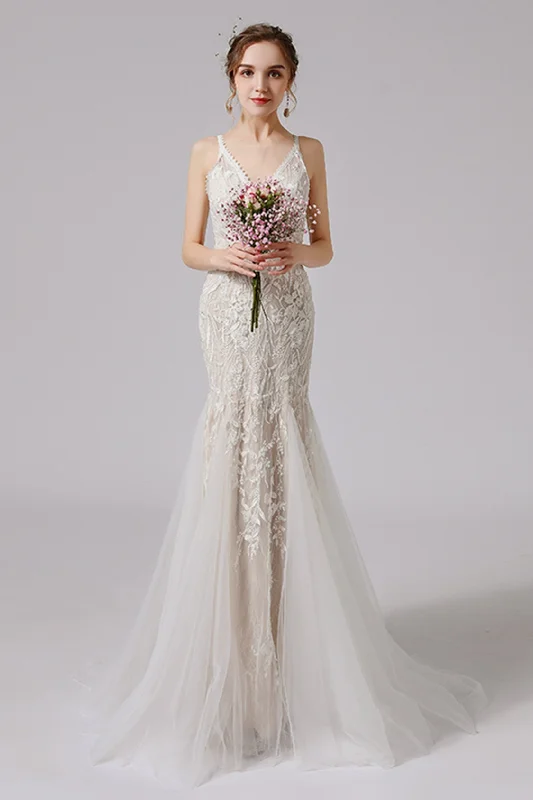 Trumpet Sweep-Brush Train Lace Tulle Wedding Dress CW2719