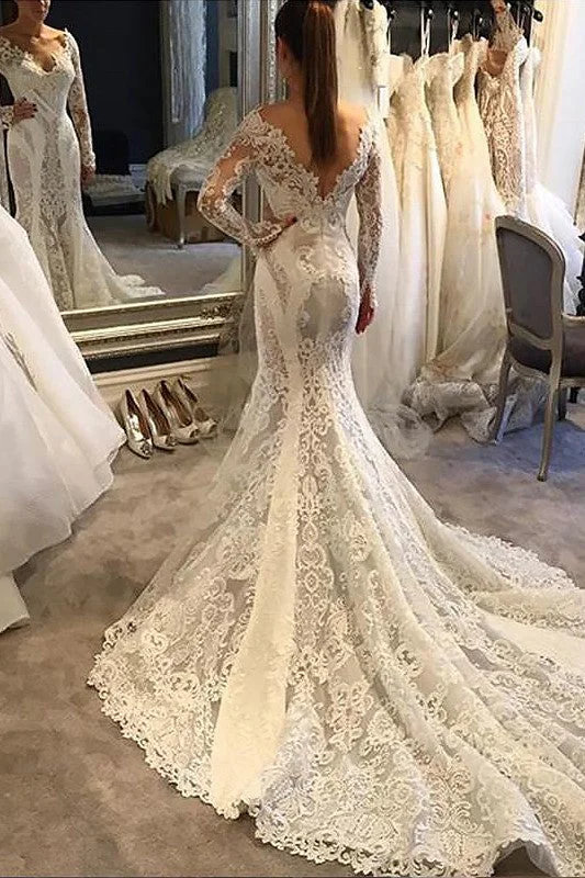 Trumpet V-neck Long Sleeves Court Train Lace Wedding Dresses Mermaid Lace Bridal Dresses N846