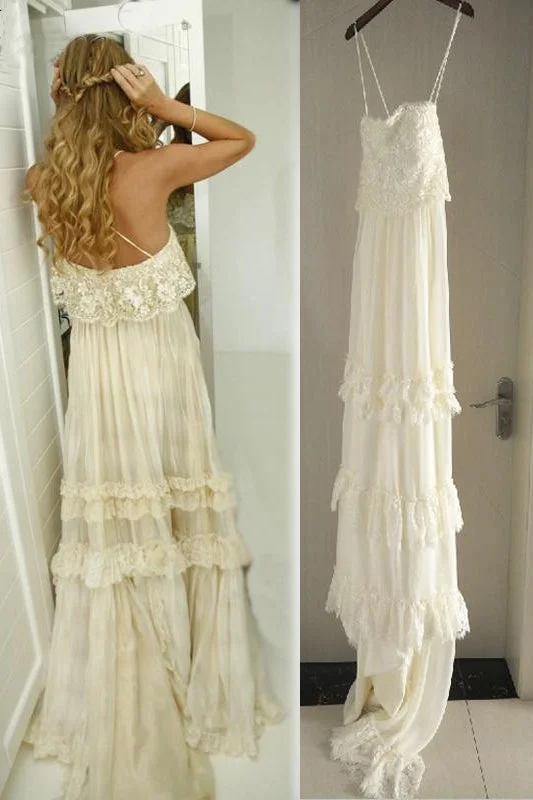 Vintage Hippie Style Boho Beach Wedding Dresses Spaghetti Straps Tiered Lace Chiffon Dresses N1632