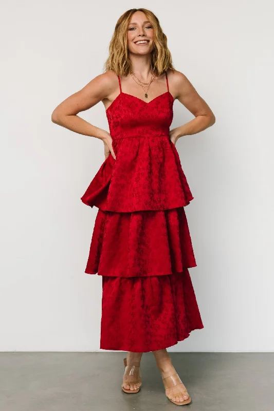 Violetta Embossed Tiered Dress | Deep Red