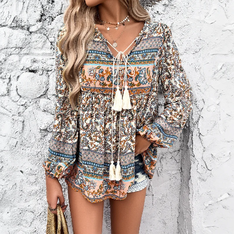 Women Clothing Shein Spring Summer Casual Vacation Printed Long Sleeved Top