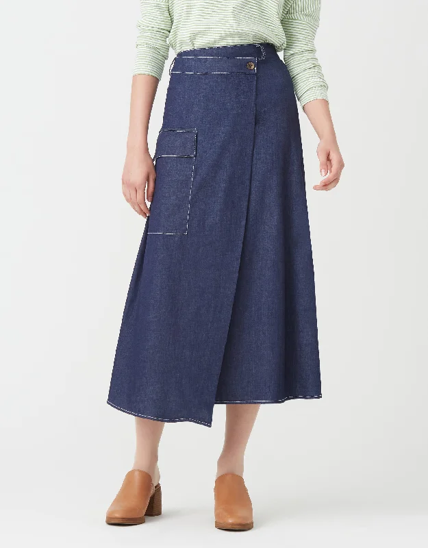 Beach - themed men's robes for a vacation vibe34" Asymmetrical Wrap Skirt with Patch Pocket and Contrast Stitching Navy Denim Beach - themed men's robes for a vacation vibe34" Asymmetrical Wrap Skirt with Patch Pocket and Contrast Stitching Navy Denim