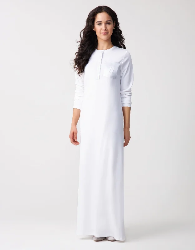 Tie - waist men's robes for a customizable fitButton Front Nightgown with Satin Pocket and Logo Motif White
