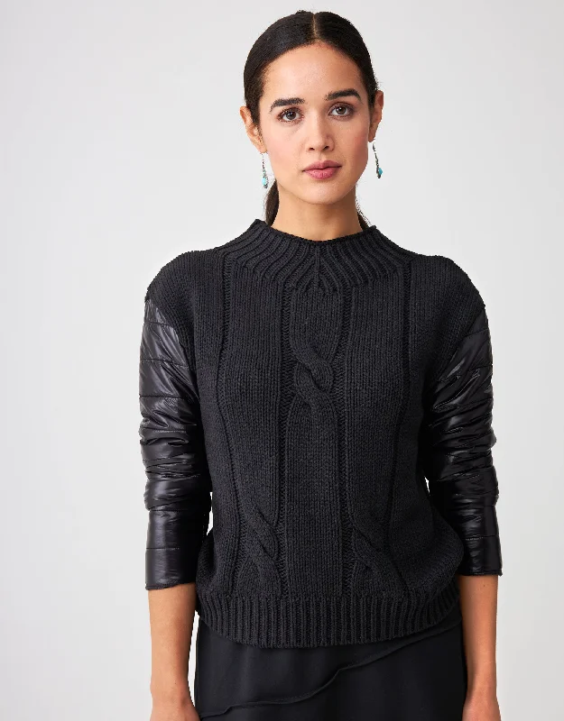 Waffle - weave men's robes for a textured feelChunky Knit Cabled Sweater with Puffer Sleeves Black Waffle - weave men's robes for a textured feelChunky Knit Cabled Sweater with Puffer Sleeves Black