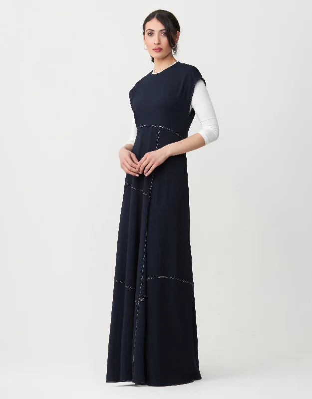 Men's robes with multiple pockets for convenienceContrast Stitched Aline Sleeveless Maxi Dress Shabbos Robe Navy