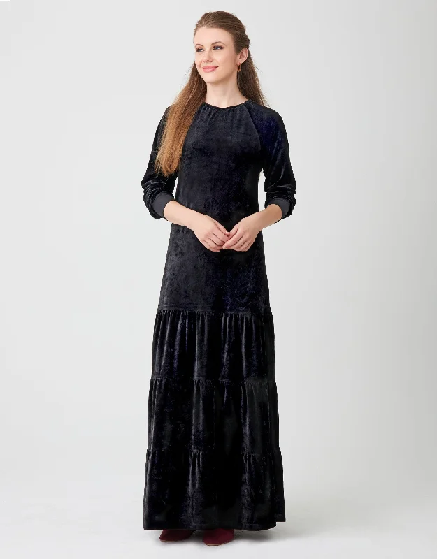 Tie - waist men's robes for a customizable fitCrushed Velour Tiered Maxi Dress Shabbos Robe with Shirred Neckline
